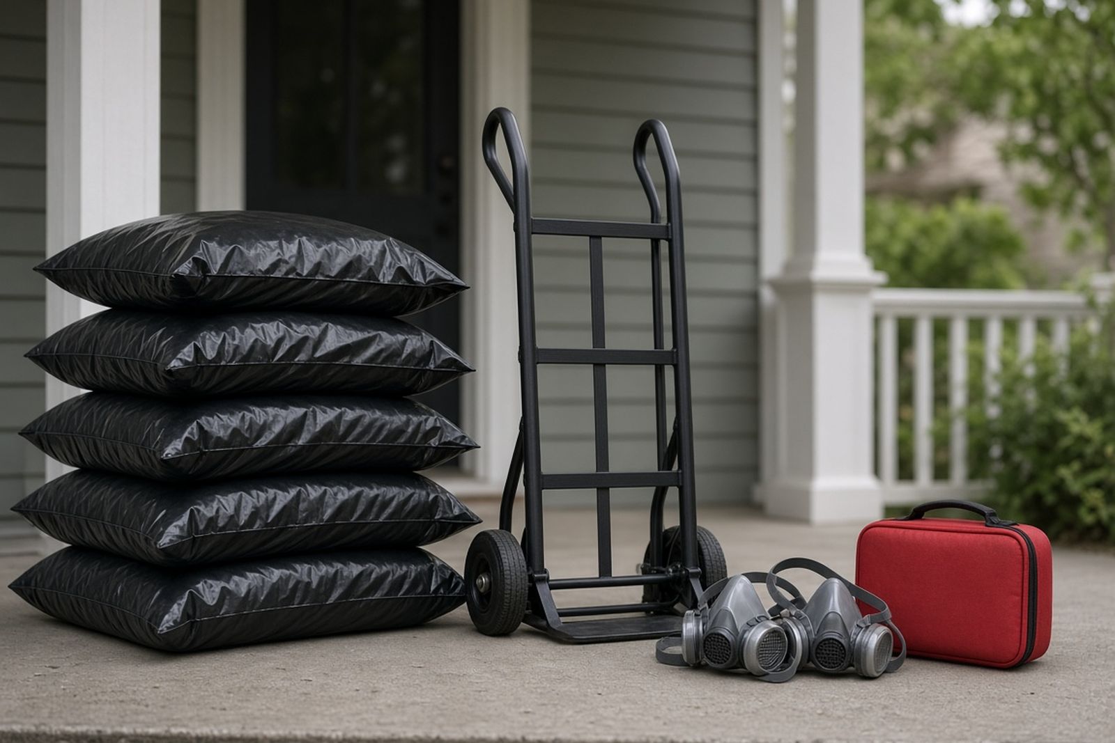Contractor bags, a hand truck, respirators and a first-aid kit staged on a porch